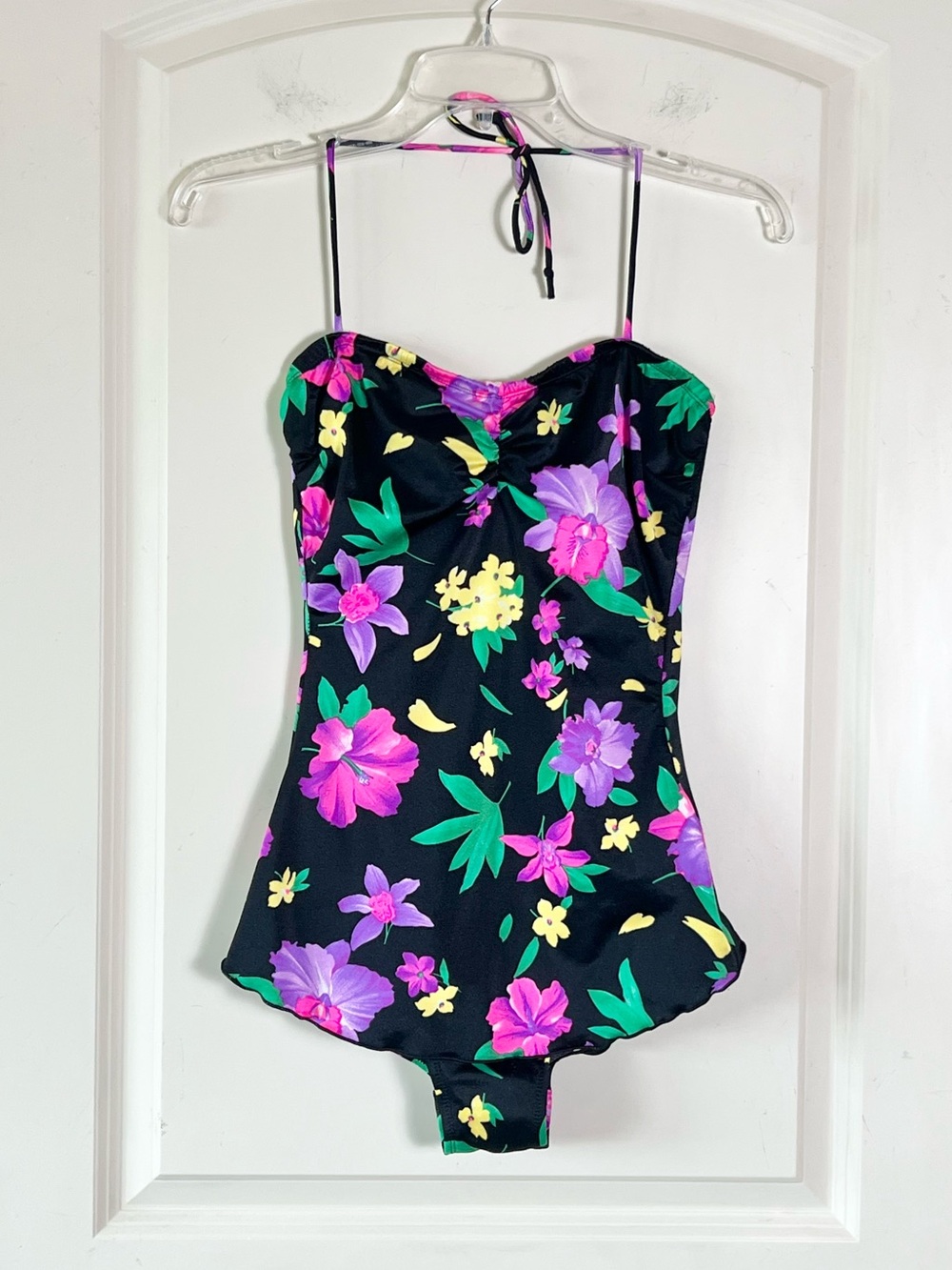 Vintage Sea Fair Floral Skirted One Piece Swimsuit 80s 90s Tropical Black 11/12